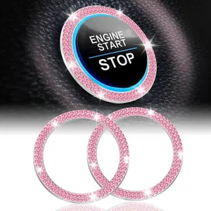 2 PCS Pink Crystal Double Rhinestone Car Engine Start Stop Decoration Ring, Bling Car Interior Accessories for Women, Push to Start Button Cover Sticker, Automotive Decals