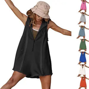 SCUSTY Women's Short Half Zipper Sports Jumpsuit  Leisure Sleeveless Loose hooded Athletic Romper Casual Summer Sweatshirt with Pockets for Fitness Outdoor