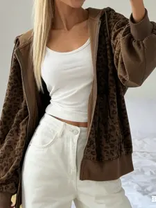 Women's Fashion Leopard Print Zipper Cardigan, Casual Long Sleeve Jacket Coat, Zipper Hooded Teddy Coat for Fall & Winter, Women's Clothing