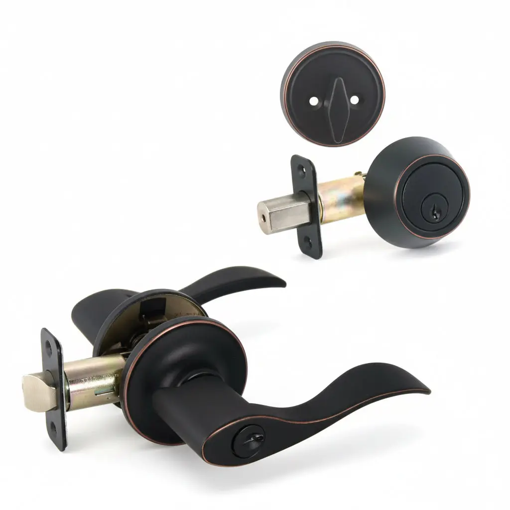 Kingston Oil Rubbed Bronze Entry Lever with Matching Single Cylinder Deadbolt Combo Pack