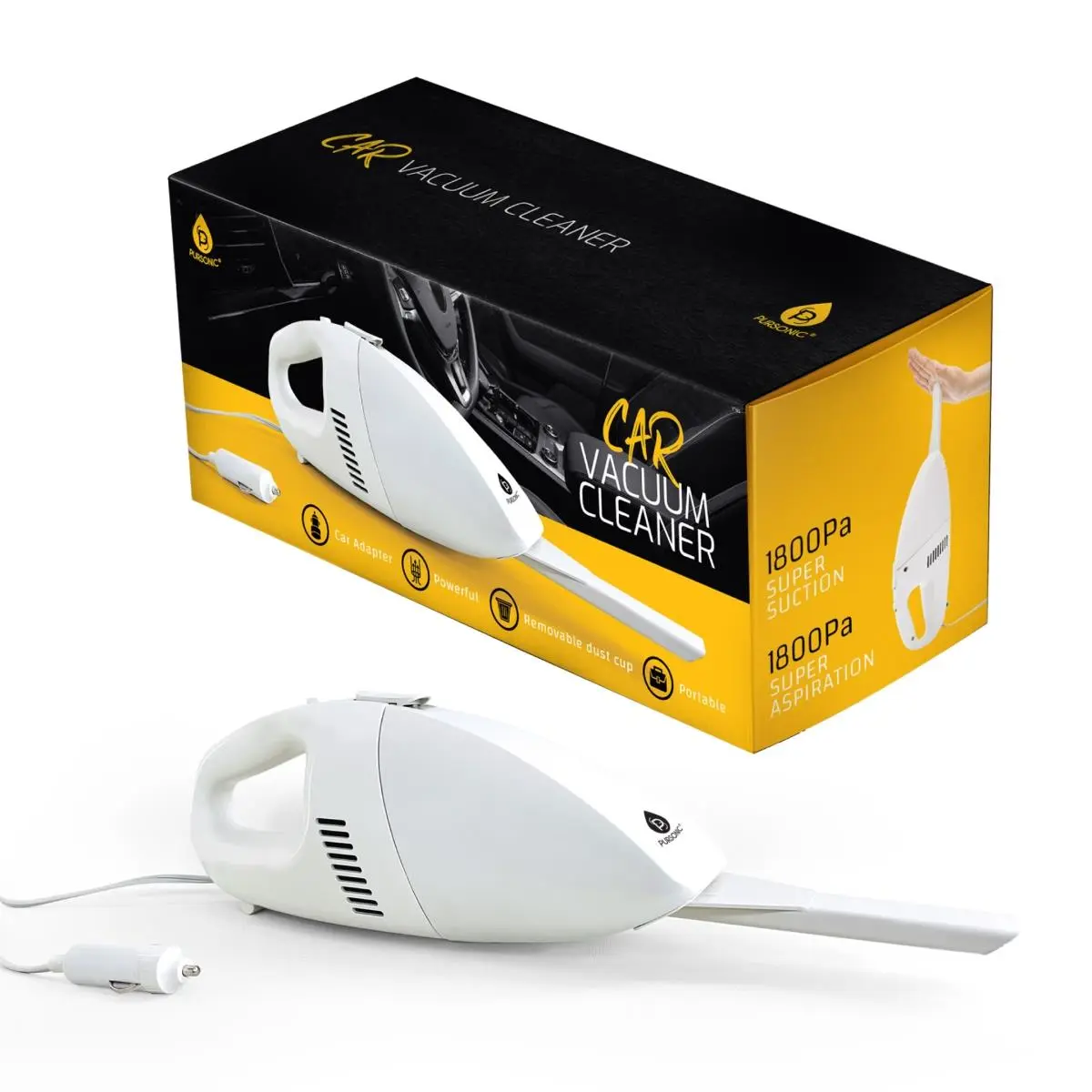 212 MAIN Slim-Shape Handheld Car Vacuum Cleaner - Handheld Form, Lightweight, Super Suction, Washable Filter, Dry/Wet Clean, White