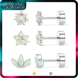 ORAZIO 925 Sterling Silver Flat Back Stud Earrings for Women Hypoallergenic 14K Gold Plated Cartilage Earrings for Sensitive Ears Small CZ Opal Conch Helix Tragus Piercing Jewelry 3 Pairs 20G