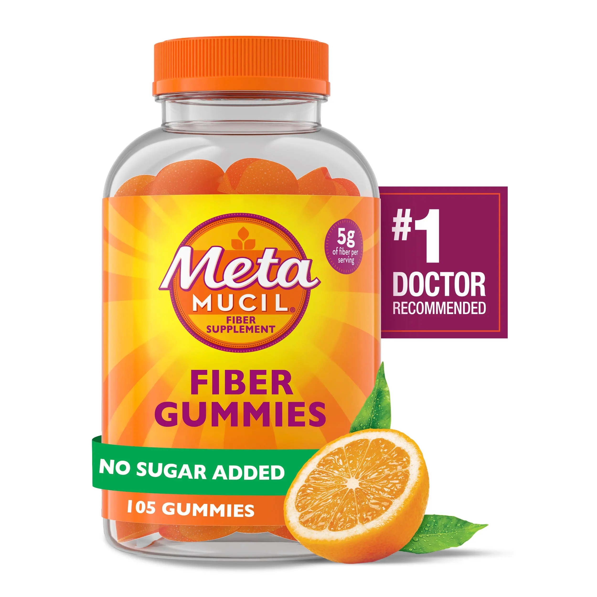 Metamucil Fiber Gummies for Adults, No Sugar Added Orange Flavor, 5g Plant Based Prebiotic Fiber Supplement Blend, 105 Count