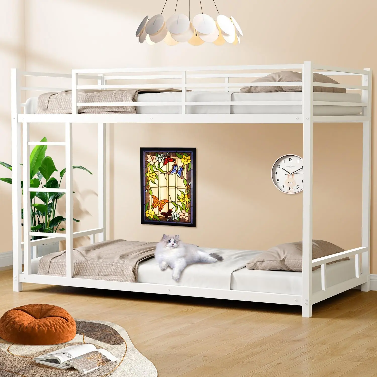 Bunk Bed Twin Over Twin Size Low Metal Bunk Bed with Ladder & Guardrails Floor Bunk Frame Bunkbeds for Teens Dorm Small Spaces Guest Room, No Box Spring Needed, Noise Free, White Upgrade
