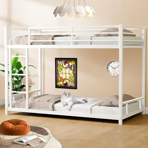 Bunk Bed Twin Over Twin Size Low Metal Bunk Bed with Ladder & Guardrails Floor Bunk Frame Bunkbeds for Teens Dorm Small Spaces Guest Room, No Box Spring Needed, Noise Free, White Upgrade