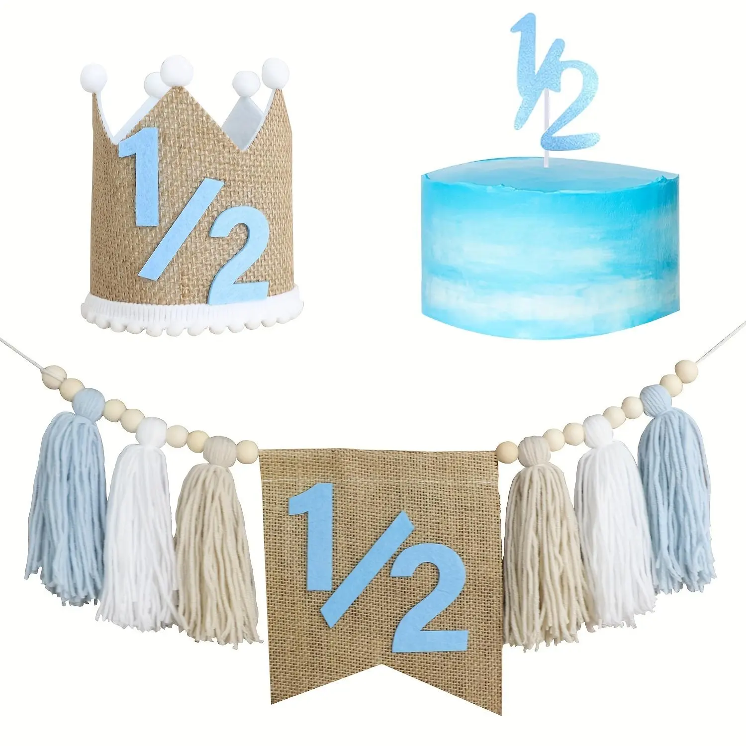 Boy's 1/2 Birthday Party Decoration (2 Counts/set), Tassel & Beaded Decor High Chair Banner & Crown Decor, Birthday Party Decoration
