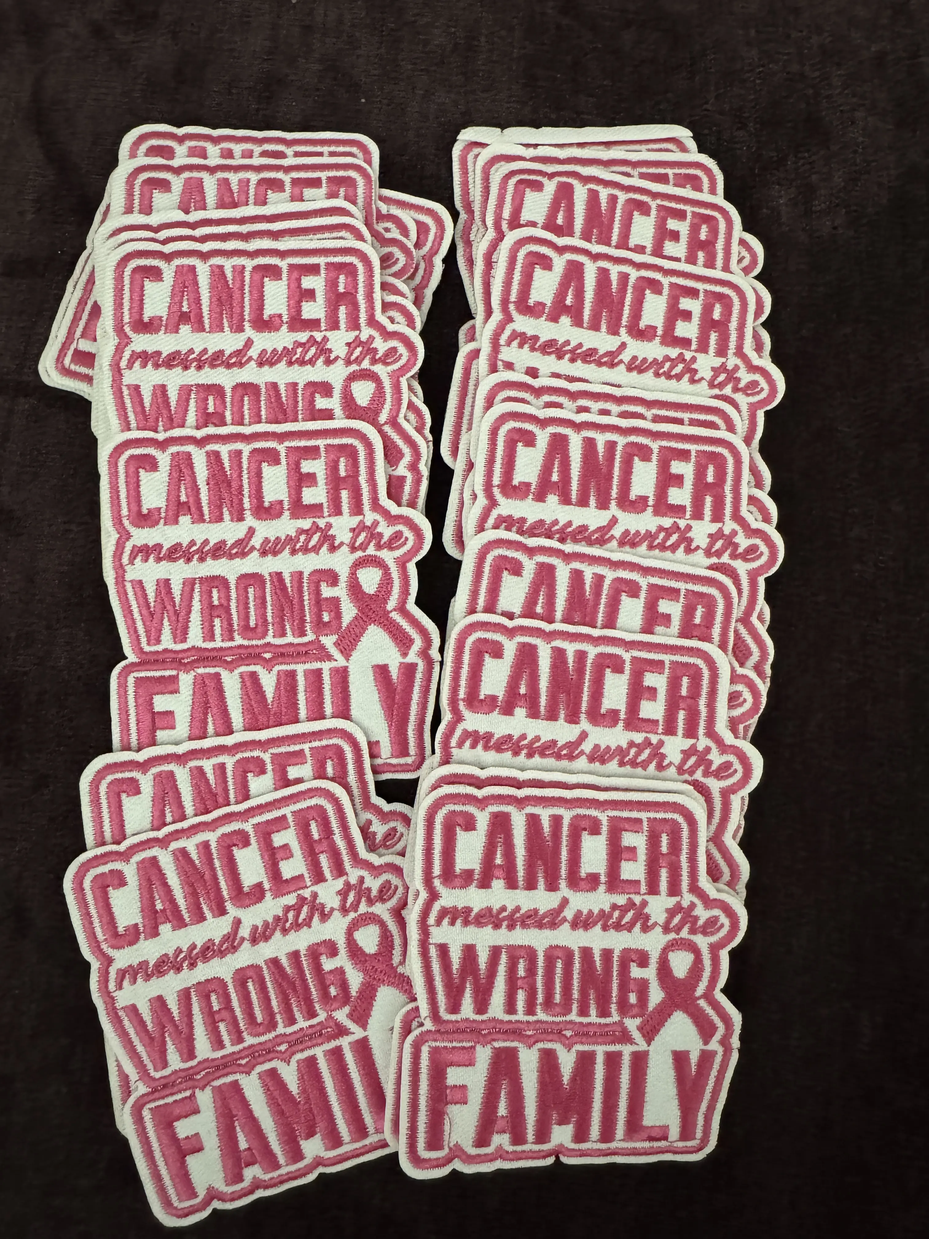 Pink Embroidery Patch - "Cancer Messed With the Wrong Family" Design, High-Quality Thread, Glue Backing, Sewing & Haberdashery Accessory, Symbolizes Fight, Empowering Strength, Resilience, Solidarity, Love, Courage, 1 Fights Alone Reminder