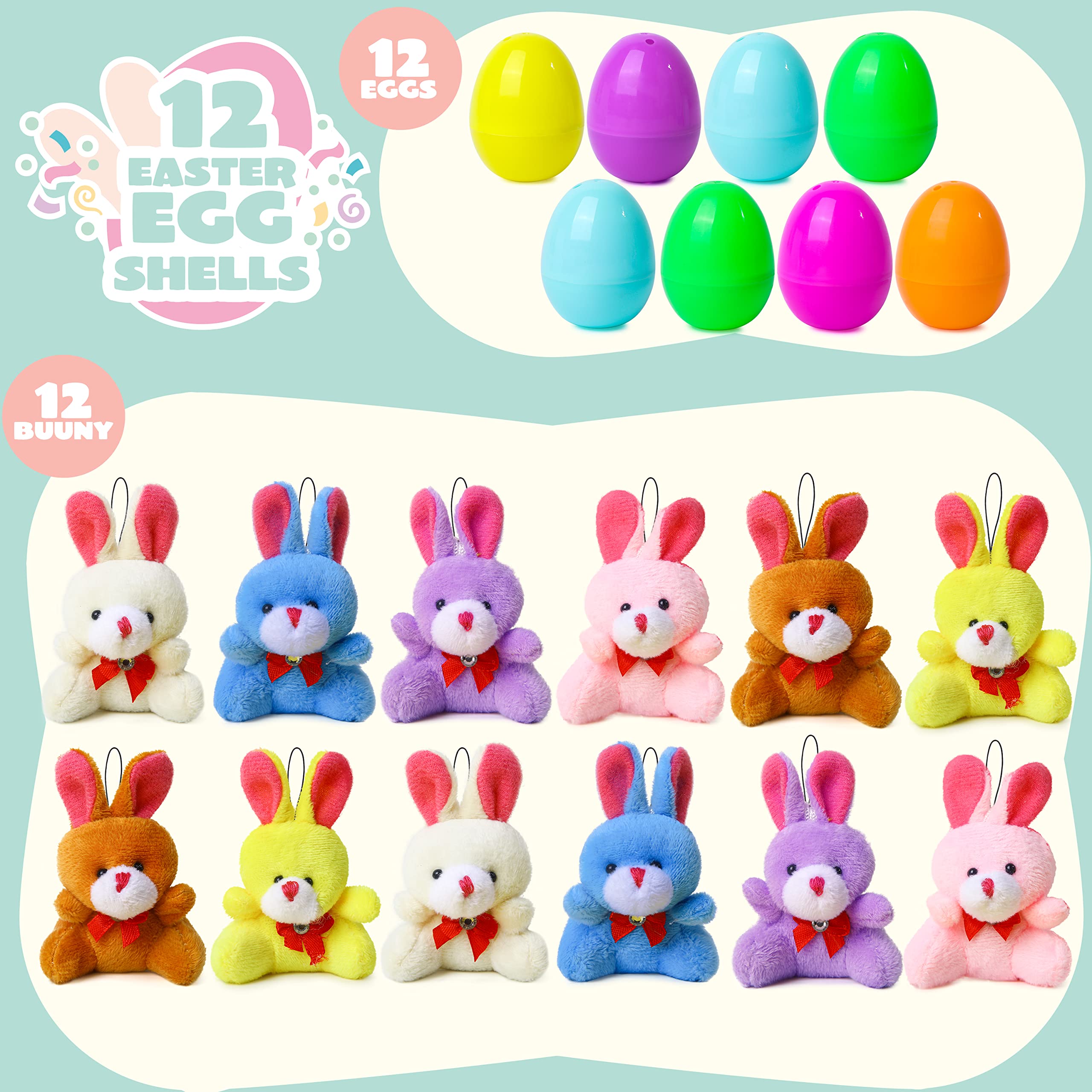 Easter Eggs Filled with Stuffed Animal Toys - 12-Pack Plush Bunny & Chick Surprise Eggs - Perfect for Easter Basket Stuffers, Egg Hunts, and Gifts for Toddlers, Boys, and Girls