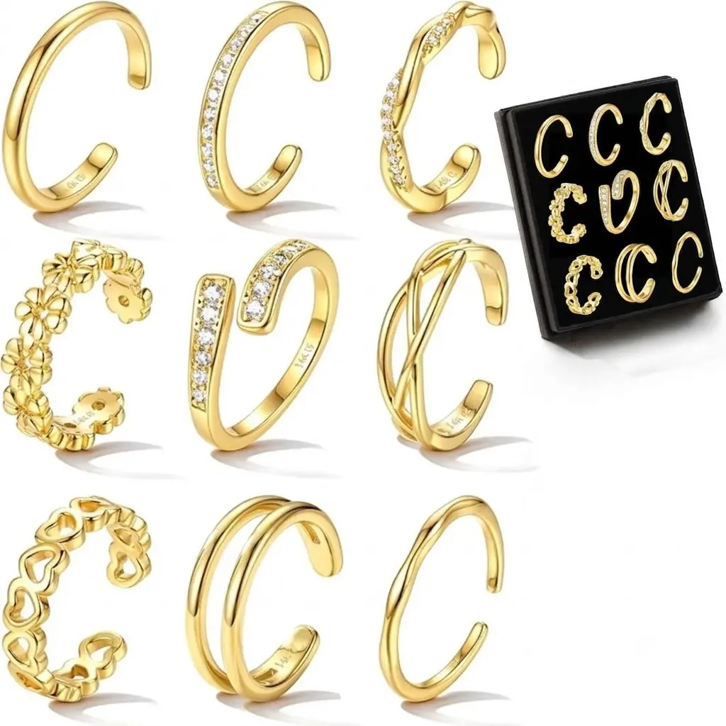 9 Pcs Gold Toe Rings Set – Waterproof Non-Tarnish Adjustable Stacking Rings & Cute Foot Jewelry for Summer Beach