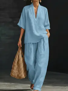 French Linen V-Neck Set for Women, Summer Loose Five-Finger Sleeve Wide Leg Pants, Lazy Style Vacation Casual Two-Piece Set