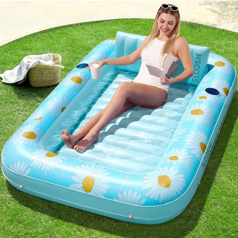 SLOOSH Inflatable Tanning Pool Lounger Float, 70" x 46" Pool Floats Adult with Pillow, 4 in 1 Suntan Tub Raft Floatie,Sunbathing Bed Lounge for Water Blow Up Ball Pit Party Gifts / Electric Air Pump DealsForYouDays
