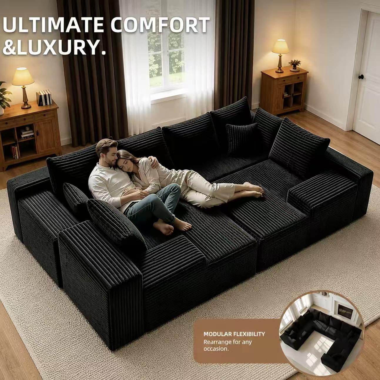137-Inch Oversized U-Shaped Modular Cloud Sofa, 8-Seater Black Boneless Sectional Couch with Chaise Lounge, No-Assembly Deep Seat Living Room Furniture, Shipped in 2 Boxes 137-Inch Oversized U-Shaped Modular Cloud Sofa, 8-Seater Black Boneless Sectional Couch with Chaise Lounge, No-Assembly Deep Seat Living Room Furniture, Shipped in 2 Boxes