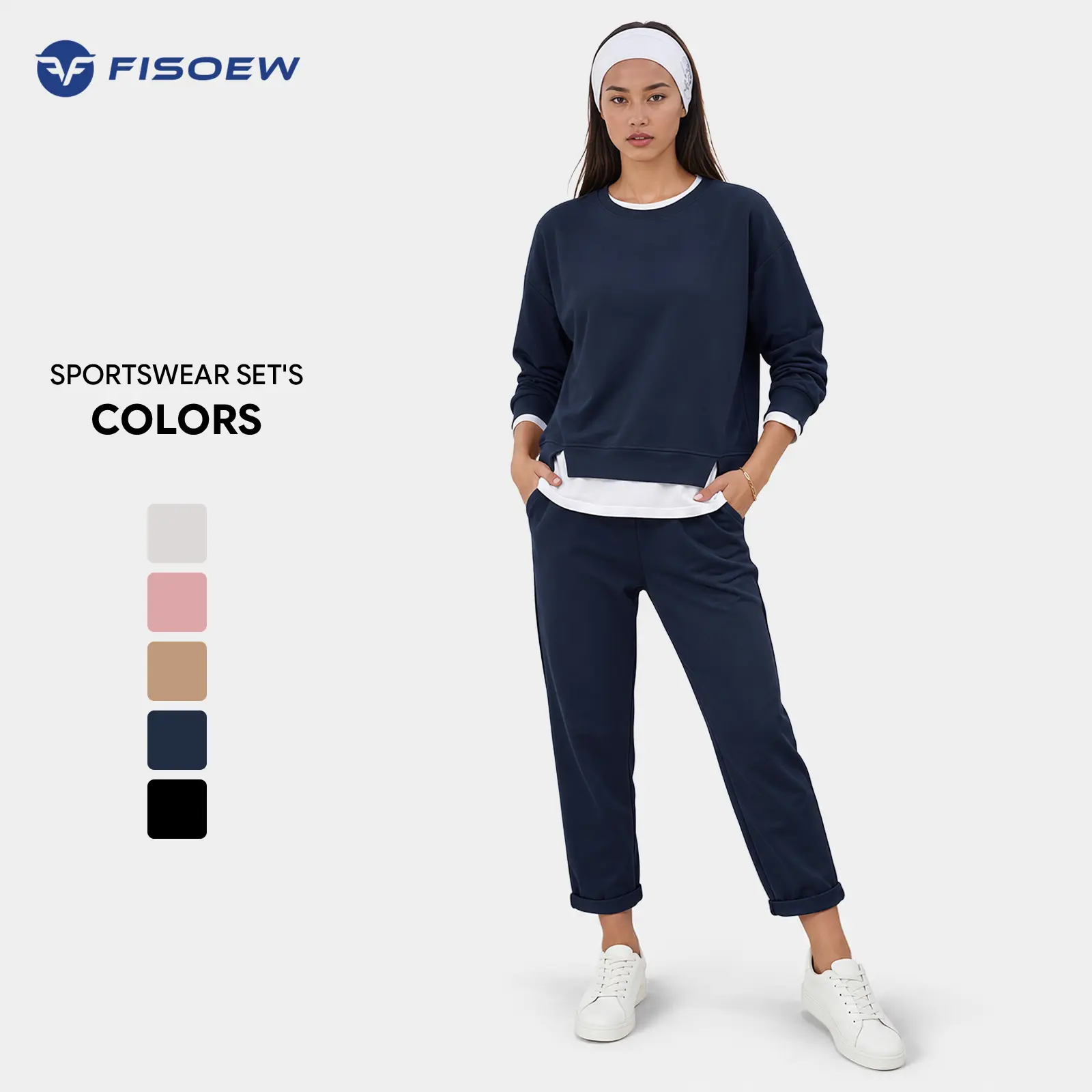Fisoew Women's 2 Piece Set Air Layer Fabric Fake Two Piece Layered Crewneck Long Sleeve Sweatshirt & Drawstring Medium Length Cropped Jogger Pants Loungewear Set Women's Loungewear Sets Clothes Clothes Chic Lightweight SohoChic