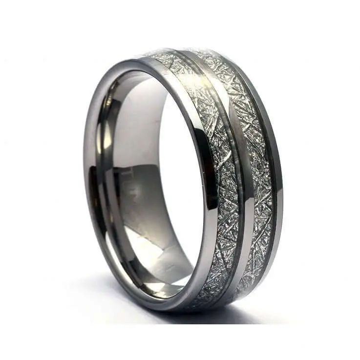 The Ranger Tungsten Wedding Ring - Meteorite Inlay Tungsten Rings, 6mm & 8mm Unisex Dome Band, Shiny Finish, Comfort Fit