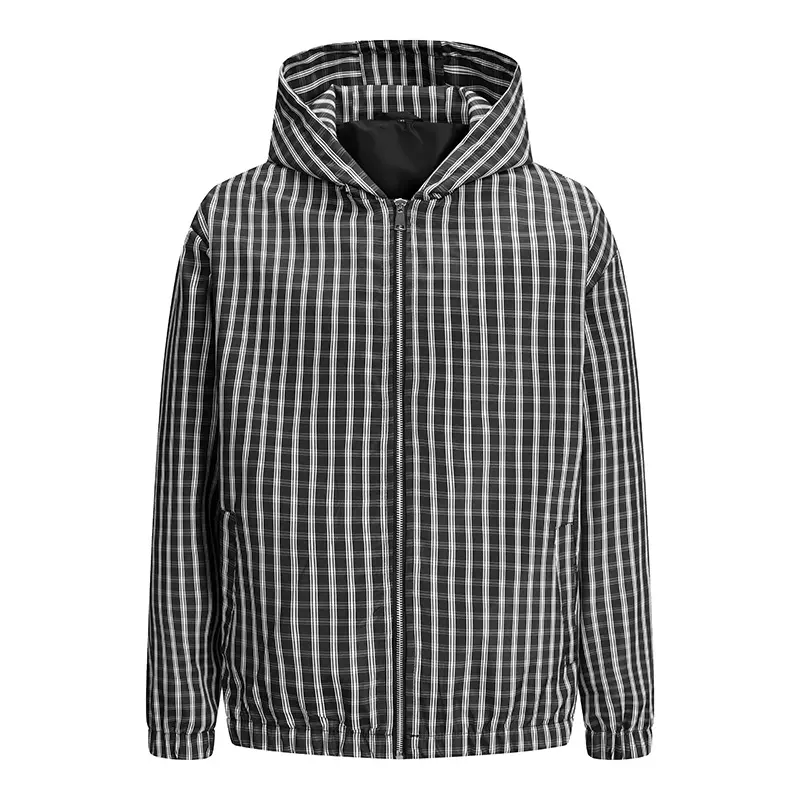 Men’s Lightweight Plaid Hoodie Jacket – Full-Zip Casual Windbreaker, Trendy Streetwear Hooded Coat for Outdoor & Everyday Wear