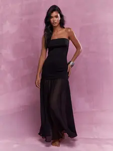 MISSGUIDED Jersey Bandeau Long Sheer Ruffle Hem Maxi Dress