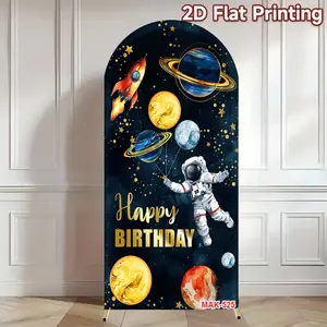 Astronaut Theme Space Rocket Happy Birthday Arch Backdrop Cover for Boy Birthday Game Party Decoration Elastic Double-Sided Spandex Fabric Background