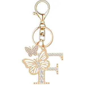 Alphabet Initial Letter Keyring Keychain for Women Girls Gold Plated Crystal Key Chains for Wallet Backpack