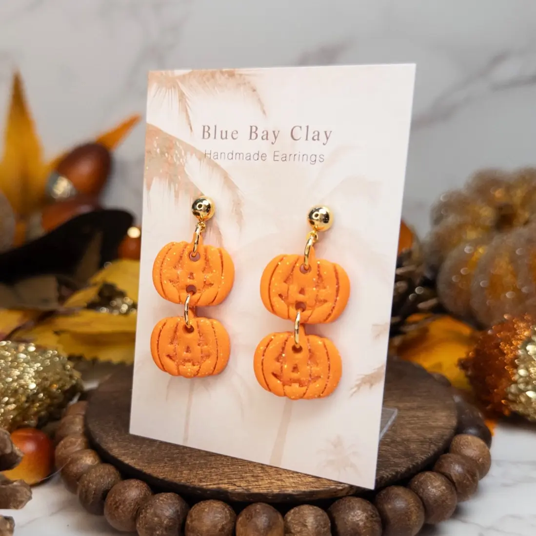 Handmade Clay Double Glitter Jack-O-Lantern Dangle Earrings, Nickel-Free