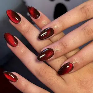 24pcs Short Oval False Nails, Sparkling Ruby Cat Eye Design, Removable Glossy Fake Nails, Press-On Full Coverage, Women Girls Daily Wear