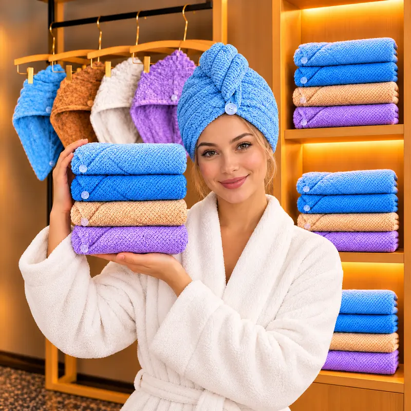 Female 2-Piece Microfiber Towel Sets - Home Spa Boho Combo with Hair Wrapping Cap & Bath Wrap Towel, Soft Gentle, Frizz-Preventing Turban with Button, Quick Dry Absorbent, Large for All Hair Types