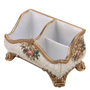 Vintage Floral Resin Tray Remote Control Holder & Desk Organizer Three Compartment European Style Storage Box Ornament Vanity Holder Desk Organizer Desktop Living Room Coffee Table Home Decor