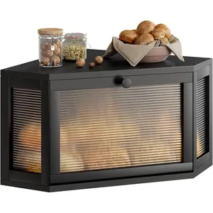 Corner Bread Box for Kitchen Countertop,  Bread Storage Container, Large Farmhouse Bread Holder with  Wavy Door Panel, Multi-functional Container, Black
