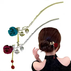 Hair Sticks Hairpins, 2PCS Vintage Roses Flowers Hair Sticks Pins with Beads Macrames for Chignon Buns Decoration Women Girls Gift