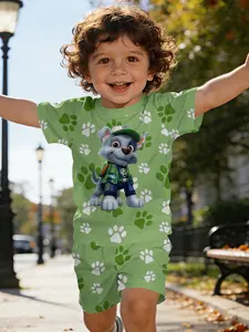 Wangwang Team Short Sleeve Set, Eco-Friendly Dog Print T-Shirt, Baby Casual Clothing, Perfect Gift for Infants, 100% Polyester