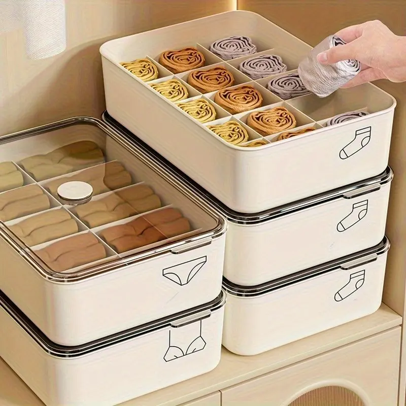 3-Piece Plastic Underwear Socks Storage Box, 10/15 Grid Design, Transparent Cover, Wardrobe Organizer for Bras and Socks, Clothes Storage Box, Bedroom Storage Organizer, Home Storage, Clear Storage Bins