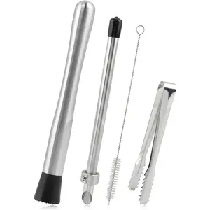4Pcs 304 Stainless Steel Straw Hole Puncher Set, Hole Punching Tools for Plastic Lids for Drinks Coffee Lemonade with Muddler Ice Tweezers Brush