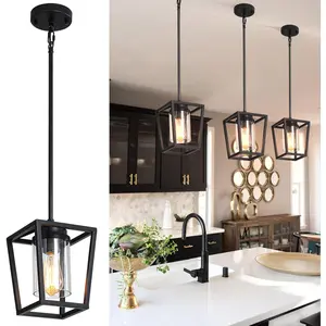 1-Light Black Pendant Lights Kitchen Island, Modern Farmhouse Cage Metal Adjustable Lantern Hanging Light Fixture with Glass Shade for Dining Room Entryway Hallway