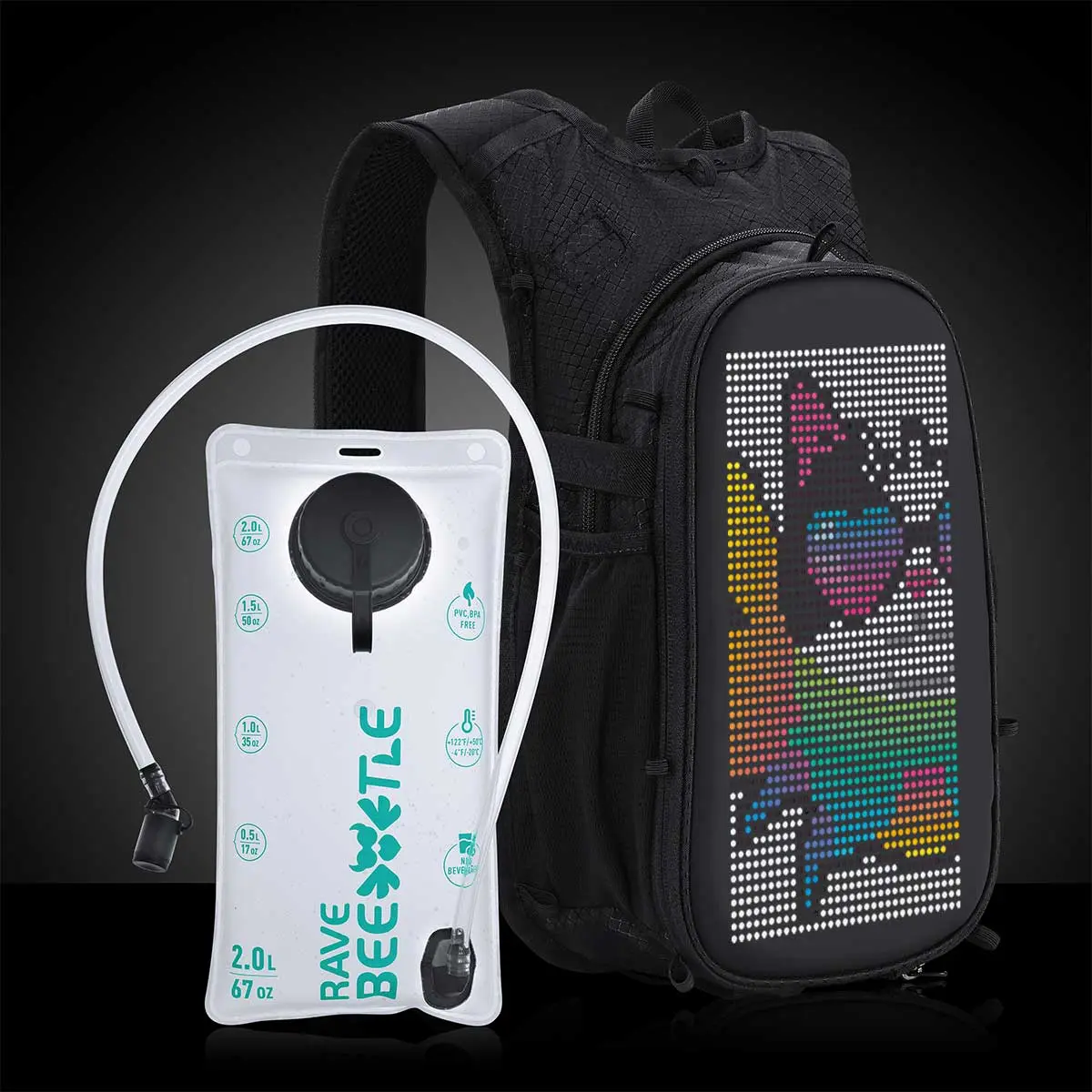 RaveBeetle Elytra AIR LED Hydration Backpack – Lightweight Festival Pack with 2L Water Bladder (Black)