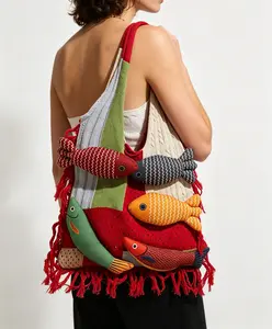 Cute knitted tote bag with a 3D fish decoration, large-capacity shoulder/hand carry bag, Bohemian style—your new summer favorite bag, suitable for everyday travel and various outfits.