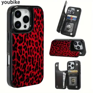 Red Leopard Print Wallet Phone Case for iPhone 17/16/15/14/13/12 Pro Max/Pro/Plus/Air – PU Leather Card Holder