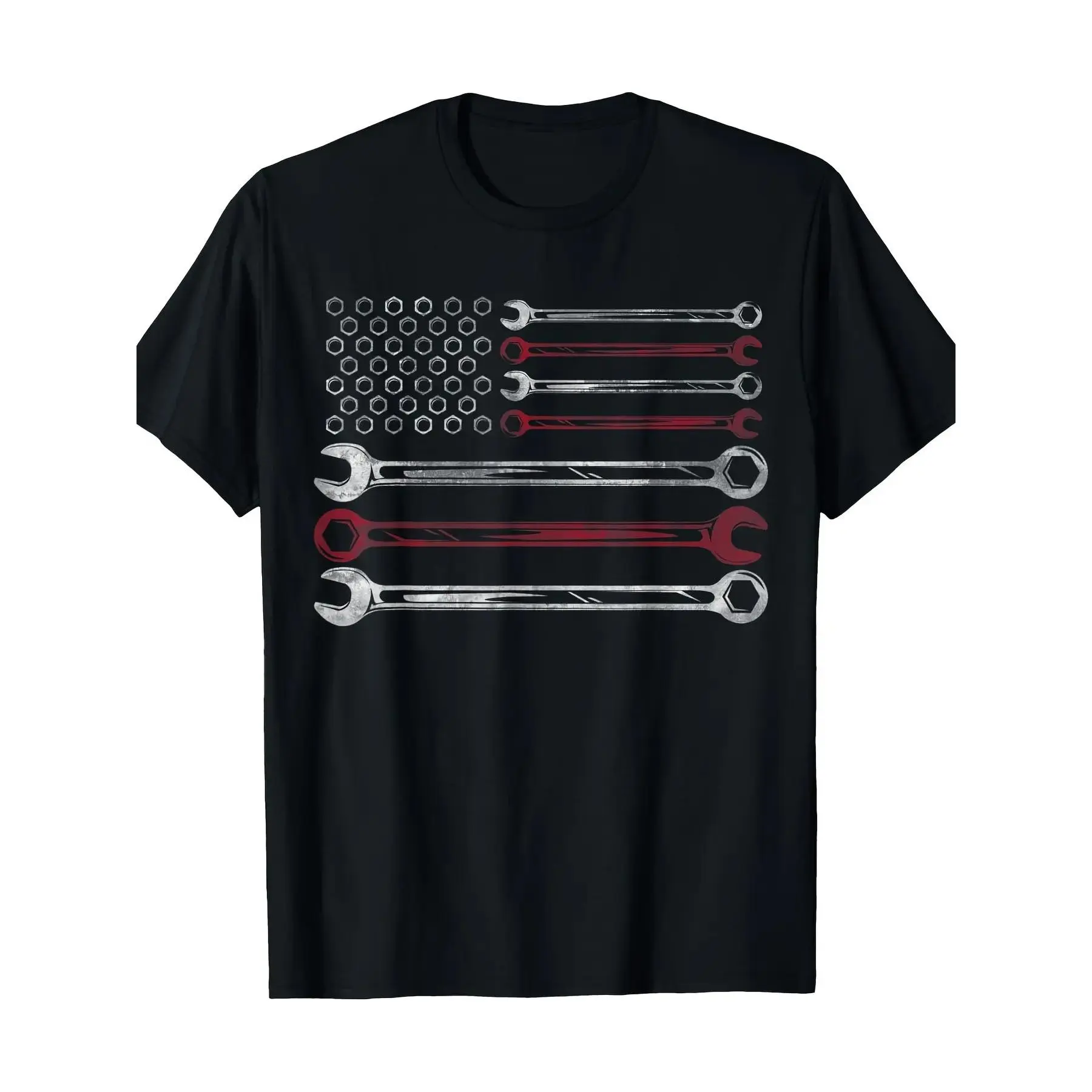 Men's Soft 100% Cotton T-Shirt, Plus Size Relaxed Fit Crewneck with Patriotic Mechanic Graphic, Comfy Breathable Short Sleeve Top, Shortsleeve