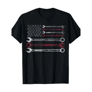 Plus Size 100% Cotton Breathable Comfy Short-Sleeve Top, Men's Classic Patriotic Mechanic Flag Sports Top, Relaxed Fit, American Flag & Tools Design, Casual Crew Neck, Blue Collar Style, Machine Washable, 4th of July Gift for Car Repairmen