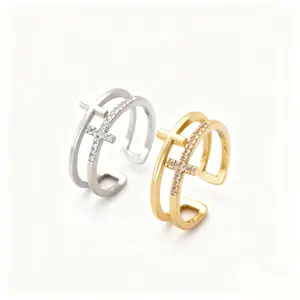 Double Cross Miniature Copper Inlaid Zircon Ring