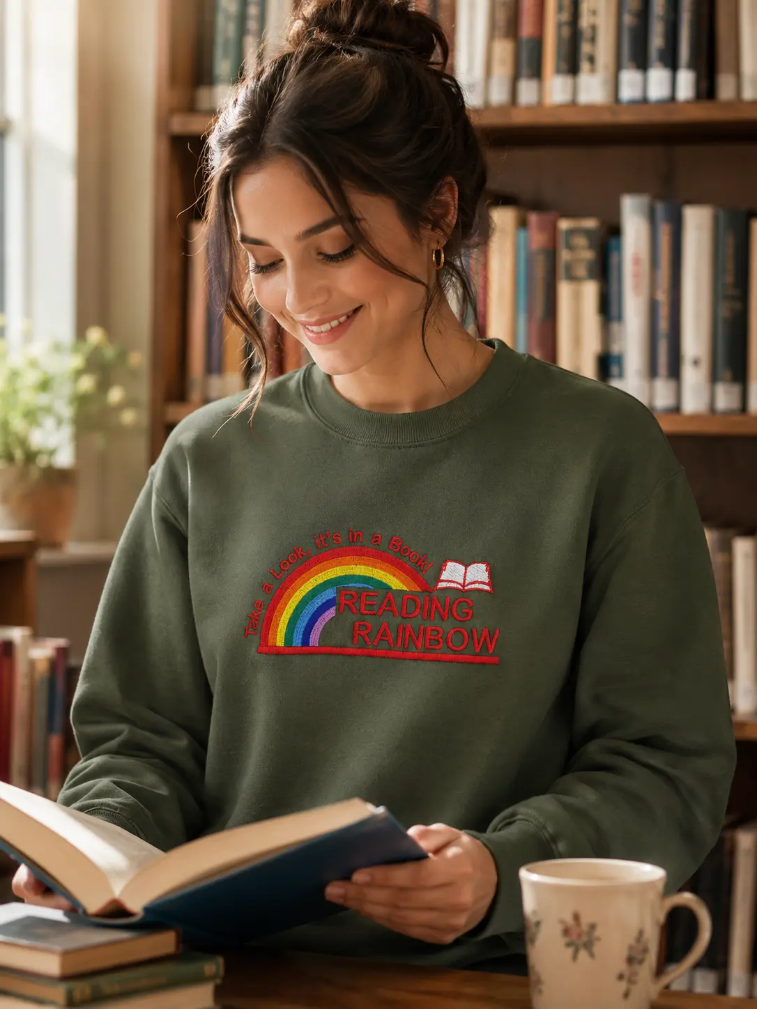 Women's Reading Rainbow Embroidered Sweatshirt, Book Lover Sweatshirt, Librarian Crewneck, Teacher Appreciation Crewneck, Gift For Teacher