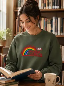 Women's Reading Rainbow Embroidered Sweatshirt, Book Lover Sweatshirt, Librarian Crewneck, Teacher Appreciation Crewneck, Gift For Teacher
