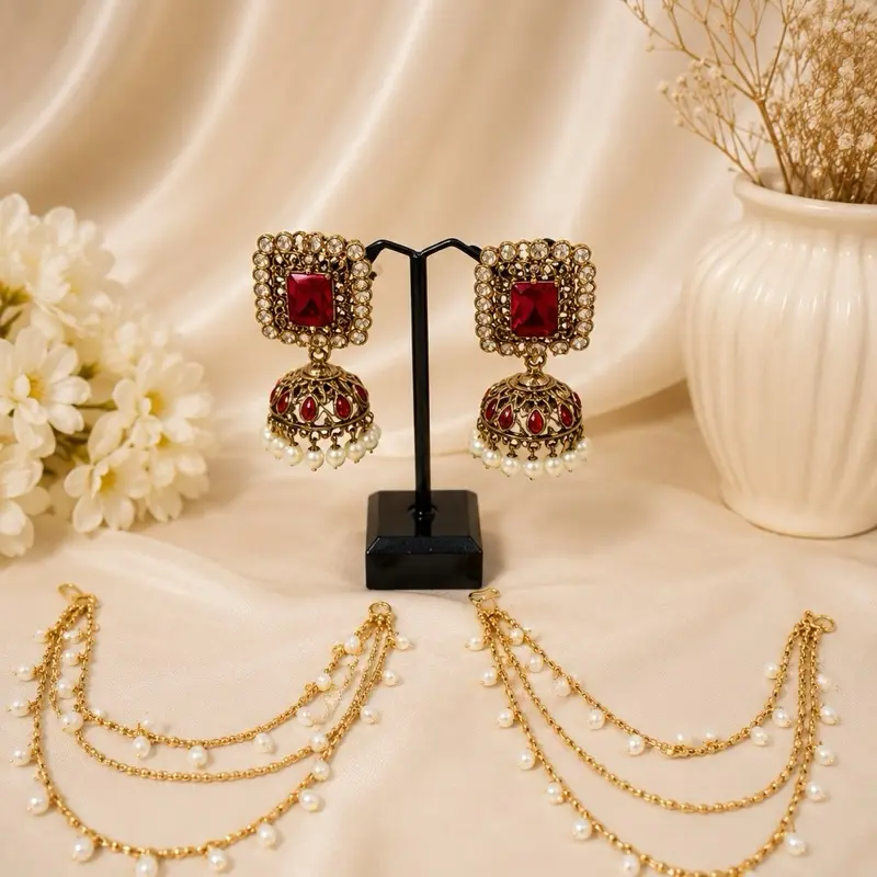 Sahara Jhumki Earrings Removable with pink  Gemstone and Beaded Chains for Festival Wear