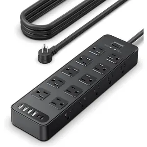 Flat Plug Power Strip Extension Cord with Multiple Outlets: 20 AC Outlets and 6 USB Ports (2 USB C) Surge Protector, 6Ft, 1875W/15A, 2700 Joules, ETL Listed for  Office Dorm Gaming