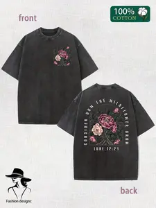 Men's & Women's Vintage Washed 230gsm Heavyweight T-Shirt - 100% Round Neck Short Sleeve Tee with Wildflower & Letter Cross Print, Casual Streetwear f