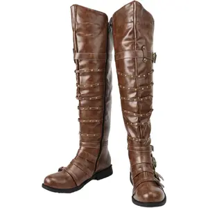 Renaissance Medieval Knight Pirate Boots, Knee High Steampunk Riding Boots for Men with Belt Buckle Rivet Leather Design Brown Walking Shoes