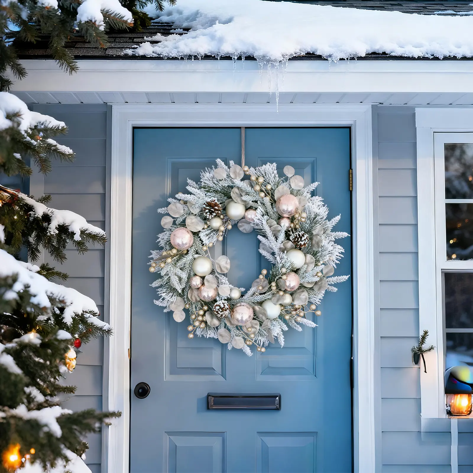 Outdoor Christmas Wreath Decoration - Mixed Pine, Shatterproof Ornament-Adorned, All-Weather Front Door Home Festive Decor