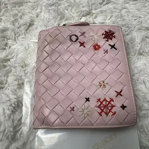 Pre-owned Bottega Lambskin Small Leather Goods Veneta Intrecciato embroidered bifold wallet