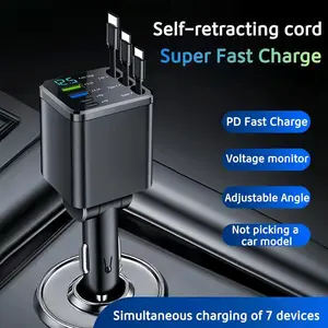 7-in-1 Retractable Car Charger, 22.5W Fast Charging, with 3 Built-in Cables (3x USB-C), 2 PD Ports, and 2 USB Ports; Features Smart Chip Protection, Voltage Display, and Ambient Light Sensing; Compatible with iPhone and Android Devices