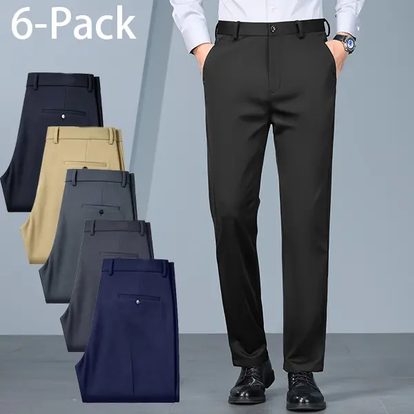 6-pack men’s straight-leg business dress pants, slim-fit wrinkle-resistant suit trousers with slight stretch, available in multiple colors, soft and stretchy formal office long pants, men’s everyday casual trousers