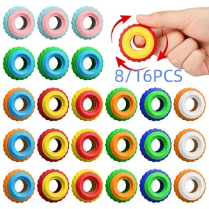 3D Stress Relief Sensory Ring Toy, 8pcs/16pcs Textured Rotating Rings, Quiet Desk Classroom Socks Filler for Adults Boys Girls 12+, Random Colors, Relaxation