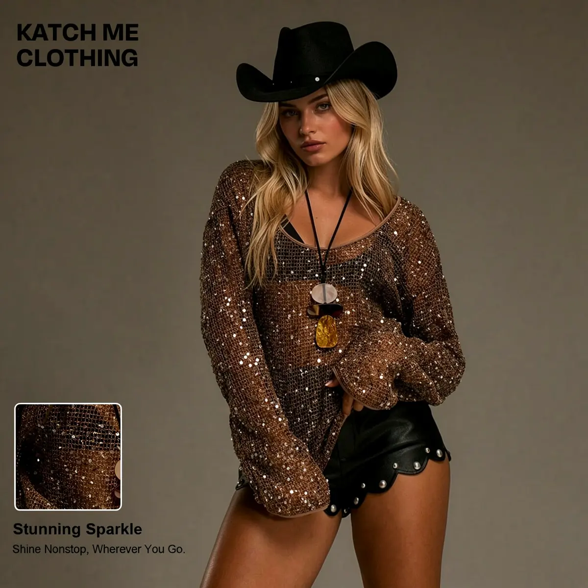 KATCH ME Women's Comfy Shimmer Sparkly Shine Glitter Cover-Up, Long-Sleeve Regular Fit Low Neckline Hollow Out Sheer Light Breathable Fabric, Sports & Outdoor Swimwear Style with Necklace Accent